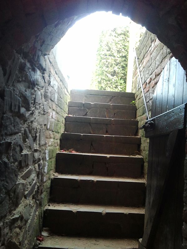 Einige Ecken im weitläufigen Park laden zum Stöbern ein wie beispielsweise der Gang, der zu dieser Kellertreppe führt. | ferienwohnung-neiling-niederrhein.de